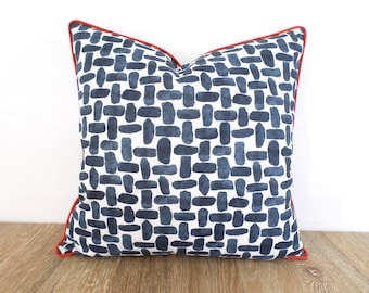 Blue outdoor pillow cover geometric print, abstract pillow case modern outdoor living, blue and orange cushion cover