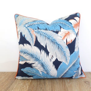 Blue outdoor pillow cover 18x18 banana leaf print, tropical pillow case Tommy Bahama fabric