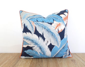 Blue outdoor pillow cover 18x18 banana leaf print, tropical pillow case Tommy Bahama fabric
