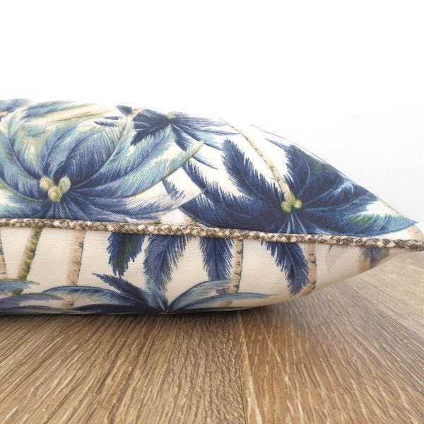 Blue pillow cover 15x15 beach house decor, swaying palm pillow case Tommy Bahama fabric, beige outdoor cushion cover palm tree print