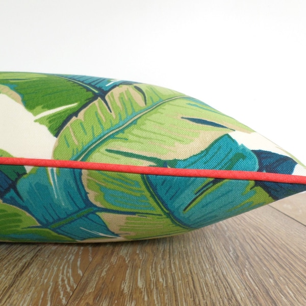 Palm leaf pillow cover 18x18 beach house decor, banana leaf cushion case green and coral, tropical outdoor pillow case