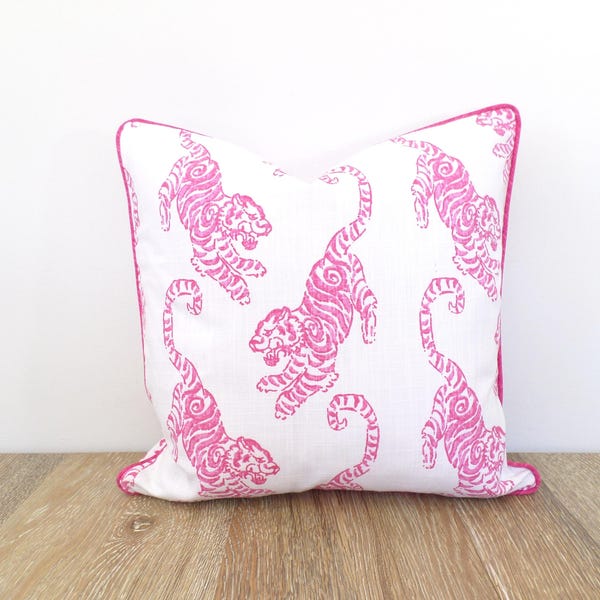 Reversible Tiger and Dot Print Cushion Cover with Pink Piping – Chic Chinoiserie Throw Pillow