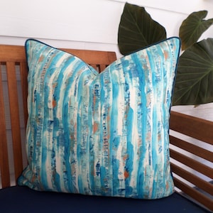 Aqua outdoor pillow cover coastal beach decor, stripe outdoor pillow case blue and orange decor