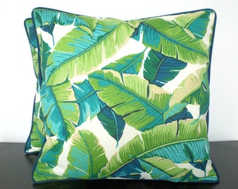 Funda de almohada de hoja de palma tropical 18x18 en tejido interior al aire libre con decoración verde y azul