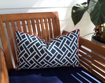 Blue lumbar pillow cover 20x12, trellis lumbar pillow cover for outdoors, blue and coral outdoor cushion case