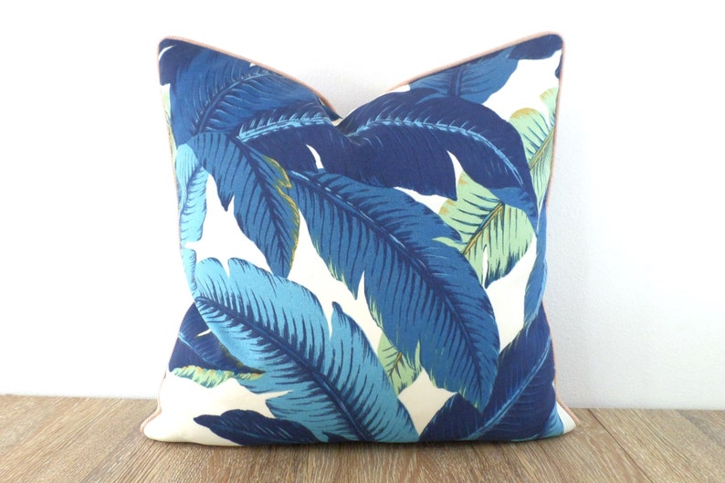 Blue Outdoor Pillow Cover 20x20 Palm Leaf Print Tropical Etsy