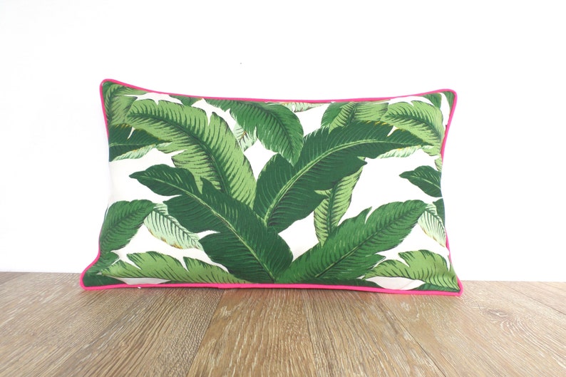 Tropical lumbar pillow cover 20x12 spring decor, banana leaf pillow case coastal beach house, green outdoor cushion palm leaf print image 7