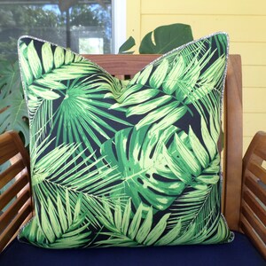 Palm leaf cushion cover tropical plant decor, black outdoor pillow case monstera print