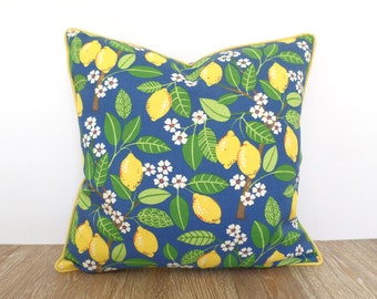Indigo blue pillow cover 18x12, citrus garden pillow case botanical print, floral outdoor cushion cover lemon tree print