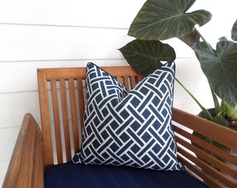 Blue outdoor pillow cover 18x18, geometric pillow cover for patio and porch blue and white decor