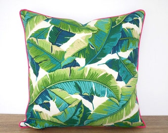 Green palm leaf pillow cover 18x18 outdoor fabric, tropical cushion cover banana leaf print