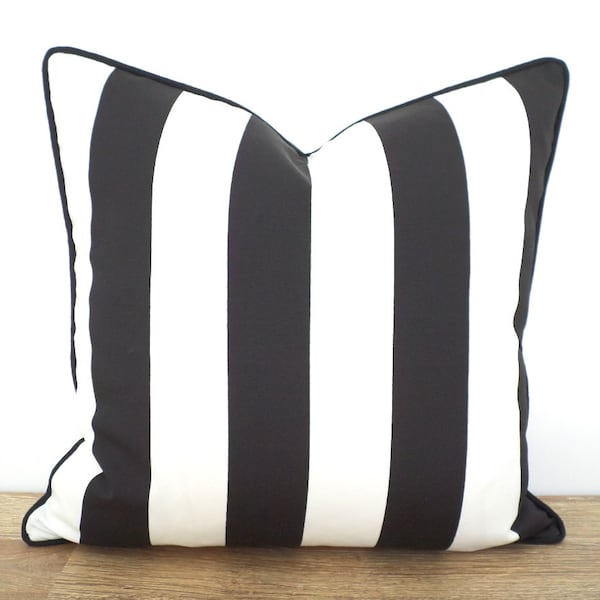 Black outdoor pillow cover, outdoor cushion case black and white decor, wide stripe pillow for entryway bench, porch swing pillow case