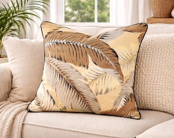 Tropical banana leaf pillow sham cover neutral coastal home decor, Beige cushion case large scale palm print tropical bedroom