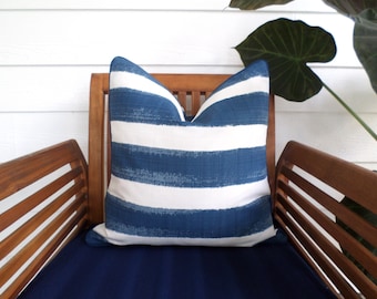 Blue stripe outdoor pillow cover Hampton Style, denim blue outdoor cushion case modern backyard decor blue and white block stripes