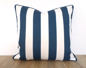 Blue and white outdoor pillow cover, blue striped outdoor cushion case, nautical pillow cover, canopy stripe cushion beach house decor