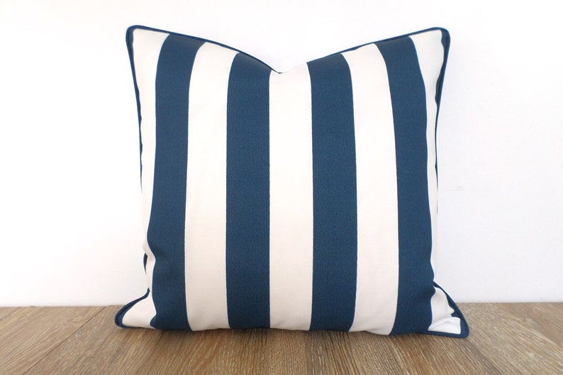 Blue and white outdoor pillow cover, blue striped outdoor cushion case, nautical pillow cover, canopy stripe cushion beach house decor image 1