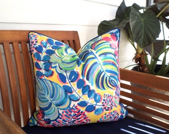 Tropical pillow cover in outdoor fabric, colorful outdoor pillow case palm print and geometric print mix gift for her