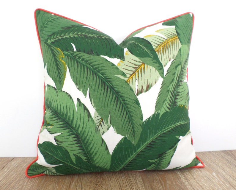 Palm Leaf Pillow Cover Hollywood Regency Decor Tropical Pillow Case Swaying Palm Print Banana Leaf Outdoor Cushion Cover Green And Coral