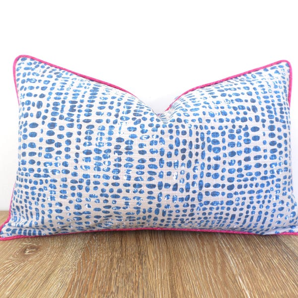 Blue Dot Print Lumbar Pillow Cover, Fuchsia Pink Piping, Modern Home Decor