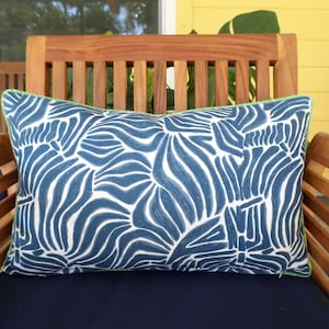 Blue outdoor lumbar cover modern zebra print, animal pillow cover for outdoor bench