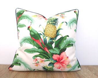 Flower outdoor pillow case red and green decor, pineapple pillow cover Tommy Bahama, tropical outdoor cushion cover, parrot pillow case