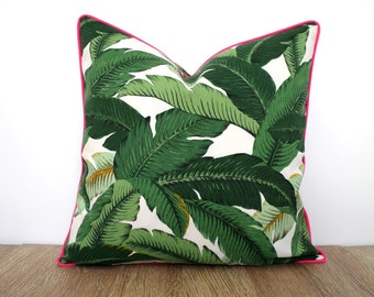 Green Tropical Pillow Cover with Hot Pink Trim | Banana Leaf Print for Coastal Decor