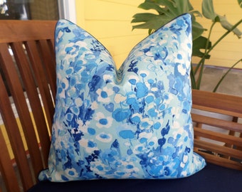 Floral outdoor pillow cover Hampton decor, blue pillow case watercolor flower print