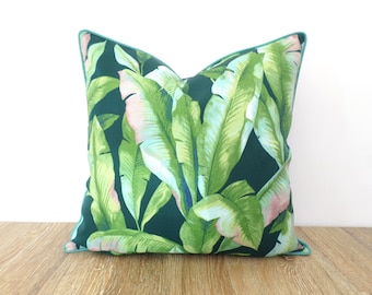 Banana leaf pillow cover in outdoor fabric, tropical outdoor pillow case with piping