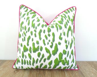Leopard pillow cover in green white and pink, animal print pillow case modern home decor