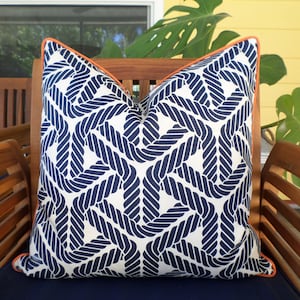 Dark blue outdoor pillow case fall porch decor, nautical pillow case for outdoor bench Hampton style blue and orange