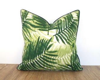 Green palm leaf pillow cover 18x18 for outdoor patio decor, swaying palm cushion case tropical decor, green and blue outdoor pillow case