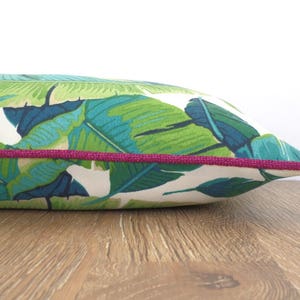 Banana leaf pillow cover 20x12 beach house decor, green lumbar pillow cover swaying palm print, green and fuchsia outdoor cushion case