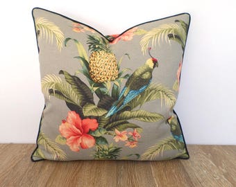 Tropical outdoor pillow cover beach house decor, parrot pillow black piping, gray cushion cover pineapple print gift for him