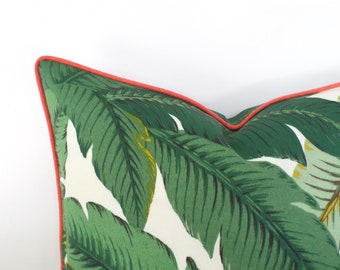 Swaying palm pillow cover front porch decor, green banana leaf pillow cover Regency Decor, tropical outdoor cushion, green and coral pillow