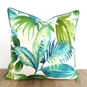 Teal outdoor pillow cover 18x18 tropical patio decor, palm leaf pillow case Palm beach style