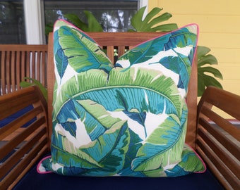 Banana leaf pillow cover 18x18, 20x20, 20x12 beach house decor, palm leaf pillow case tropical decor green and pink