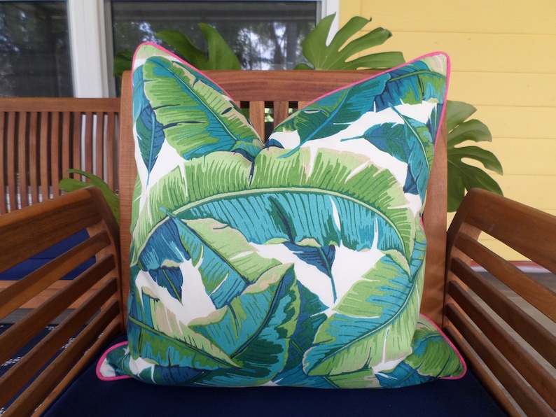 Banana leaf pillow cover 18x18, 20x20, 20x12 beach house decor, palm leaf pillow case tropical decor green and pink image 1