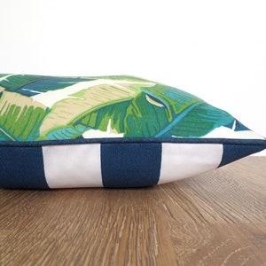 Green outdoor pillow cover, tropical leaf pillow case for beach house decor, striped outdoor cushion case