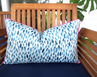 Teal outdoor pillow cover beach house decor, blue lumbar pillow case aqua and white dots