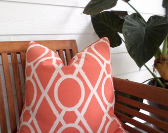 Coral outdoor pillow cover for front porch décor, geometric pillow case woven outdoor fabric