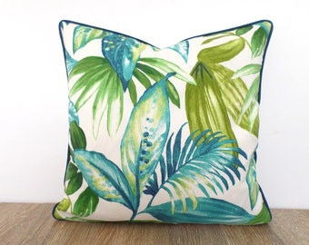 Tropical outdoor pillow cover 18x18 , green palm leaf pillow case beach house decor, teal outdoor cushion cover