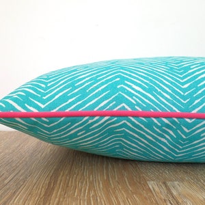 Turquoise outdoor pillow cover 20x12, geometric cushion cover front porch decor, aqua and pink pillow case