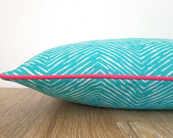 Turquoise outdoor pillow cover 20x12, geometric cushion cover front porch decor, aqua and pink pillow case