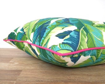 Banana leaf pillow cover 18x18, 20x20, 20x12 beach house decor, palm leaf pillow case tropical decor green and pink