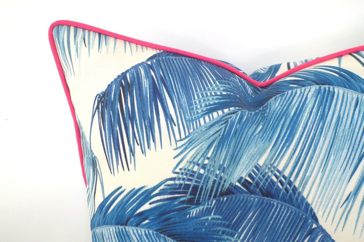 Tropical pillow cover 14x14 Caribbean Decor, blue palm leaf outdoor pillow case Tommy Bahama fabric