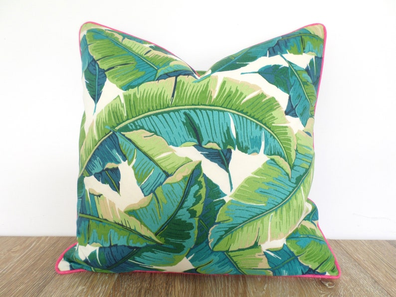 Banana leaf pillow cover 18x18, 20x20, 20x12 beach house decor, palm leaf pillow case tropical decor green and pink image 3