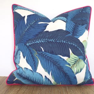 Tropical outdoor pillow case Hollywood Regency Decor, swaying palm outdoor cushion case Palm Beach decor, blue and pink pillow Tommy Bahama