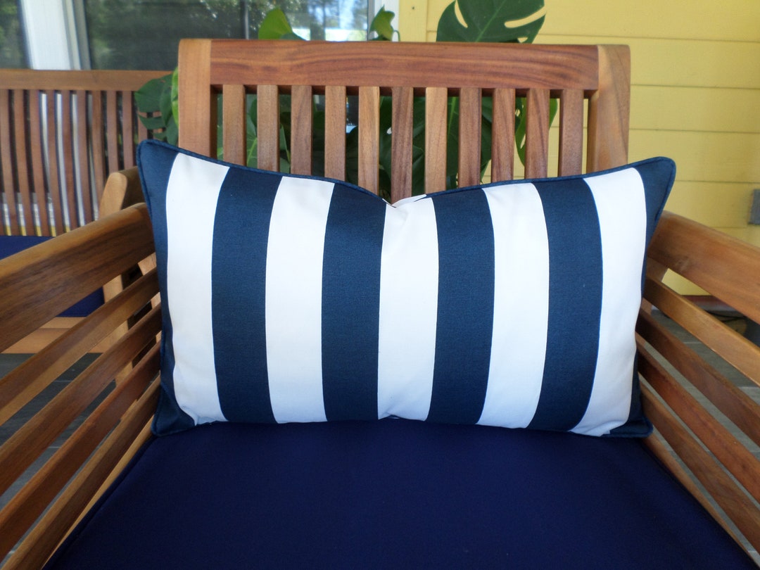 Blue Outdoor Lumbar Pillow Cover 21x12 Nautical Decor, Cabana Stripe