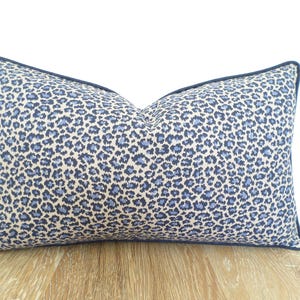 Leopard lumbar pillow cover 20x12 modern bedroom decor, blue cheetah pillow case with piping