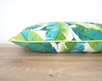 Green palm leaf lumbar pillow cover, tropical outdoor cushion cover Palm Beach Decor, green outdoor pillow case